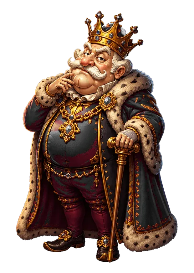The old king in ermine robes leaning on a golden cane.